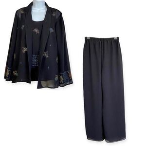 Black Dressy 3-piece Set Blouse Tank Trousers Petite Size 8P Sheer Embroidered